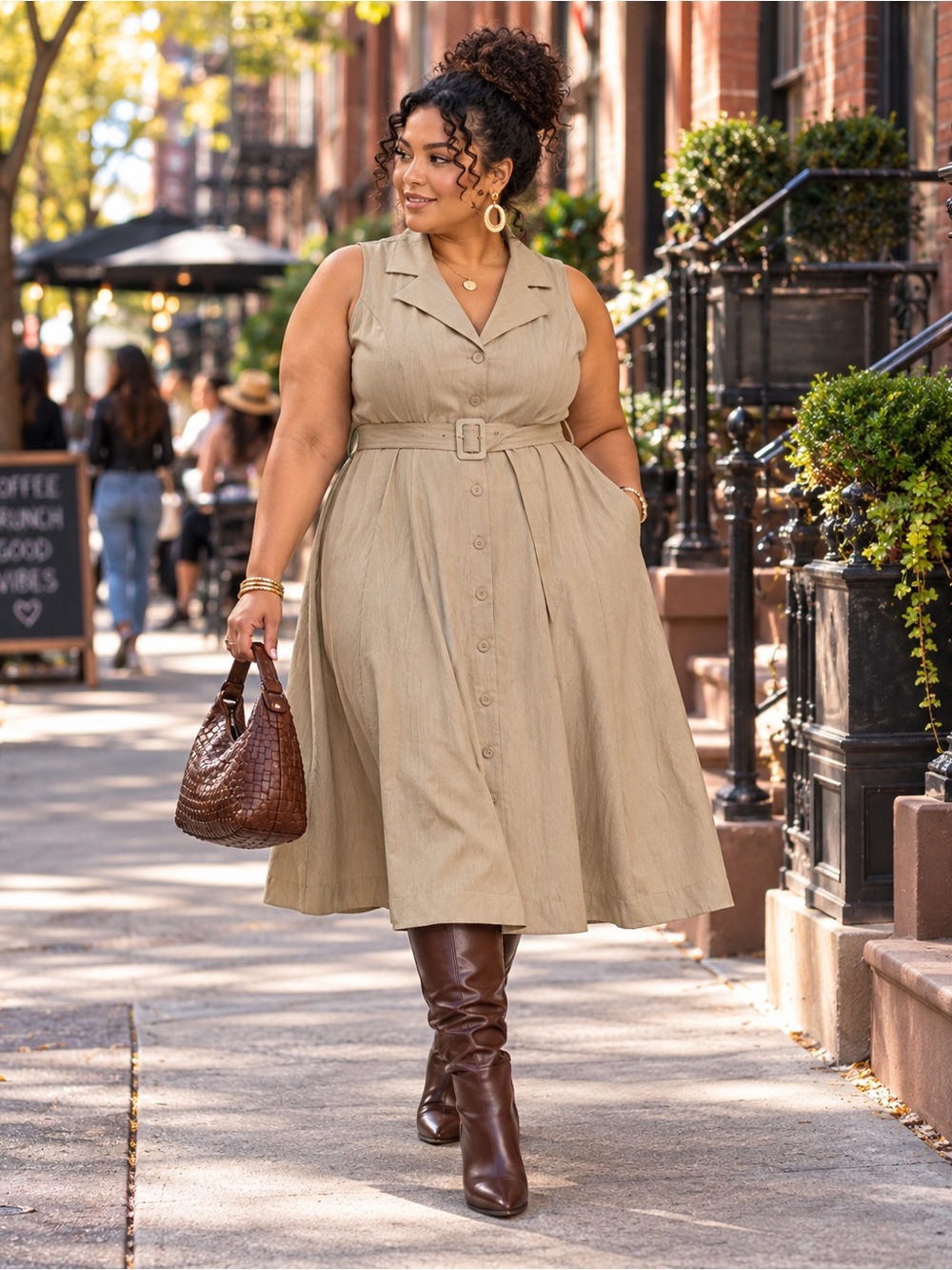 NWT Khaki Tie-Waist Midi Collared Sleeveless Shirtdress Size 1X